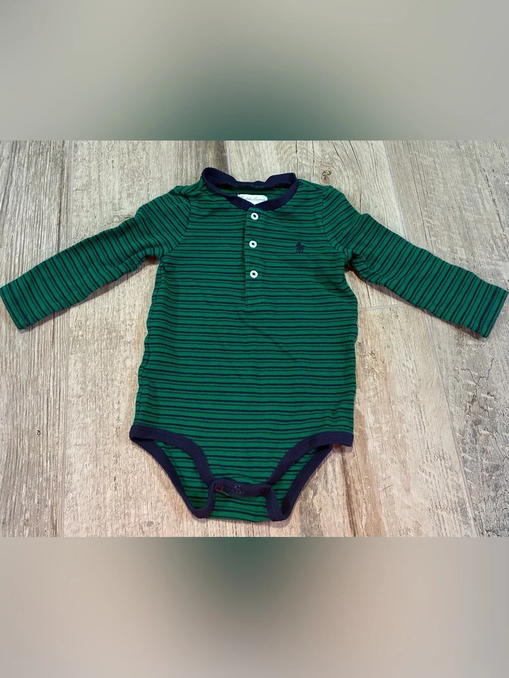 Ralph Lauren Baby Boys Green Navy Striped Long Sleeve Bodysuit 9M #2014